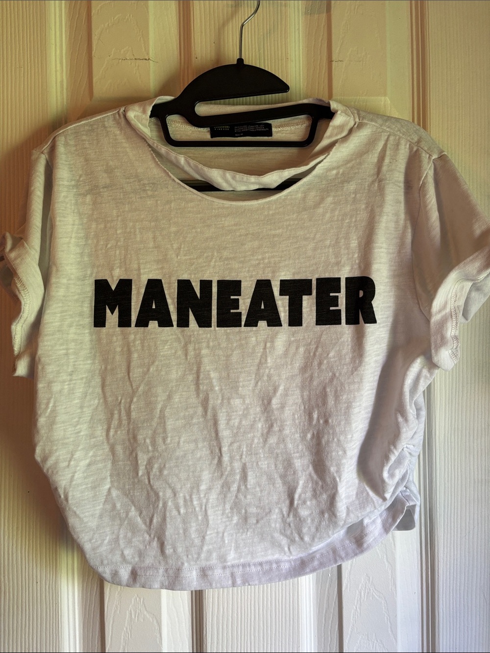 Finesse White Short Sleeve Tee with Black "MANEATER" Print